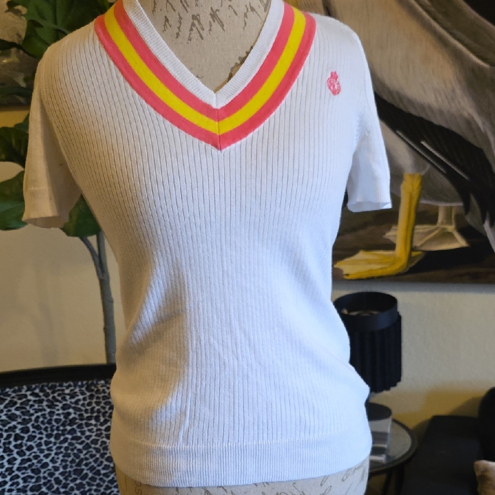 Ralph Lauren White Sweater with Pink and Yellow Accents Embroidered Logo